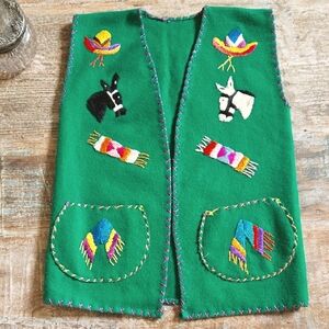 Vintage 1950s Mexican Tourist Vest Green Wool Felt Hand Embroidered EUC Youth